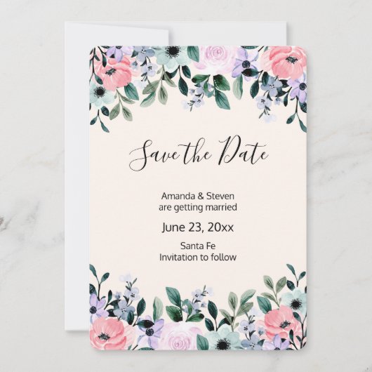 ピンクパープルグリーンウォーター色のフローラ縁ど セーブザデート (正面)