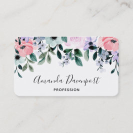 ピンクパープルグリーンウォーター色のフローラ縁ど 名刺