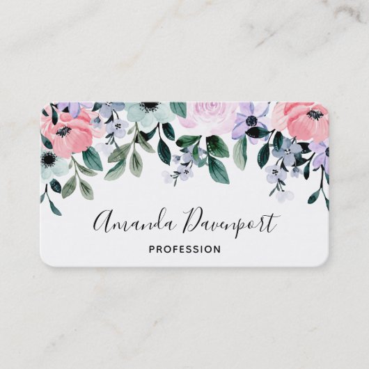 ピンクパープルグリーンウォーター色のフローラ縁ど 名刺 (正面)