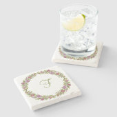 ピンクパープルグリーンフローラモノグラムイニシャル ストーンコースター (横)