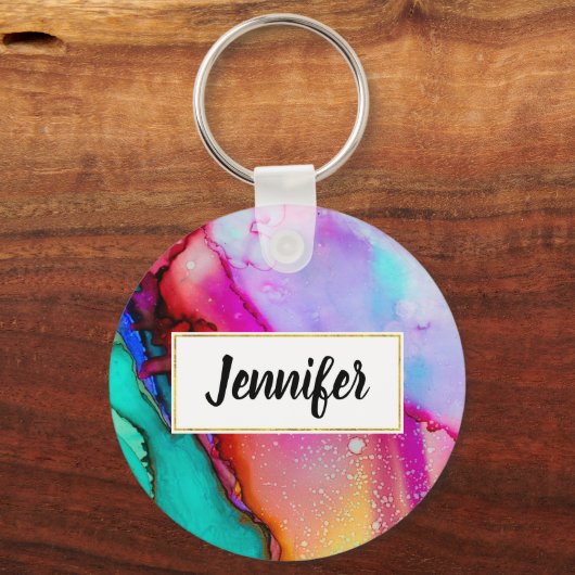 ピンクパープルグリーン大理石抽象芸術水彩 キーホルダー (正面)