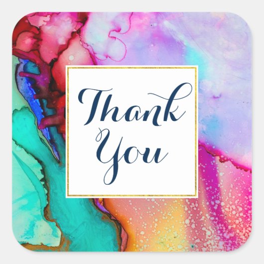 ピンクパープルグリーン大理石抽象芸術水彩 スクエアシール (正面)