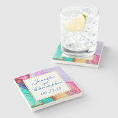 ピンクパープルグリーン大理石抽象芸術水彩 ストーンコースター (横)