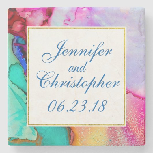 ピンクパープルグリーン大理石抽象芸術水彩 ストーンコースター (正面)