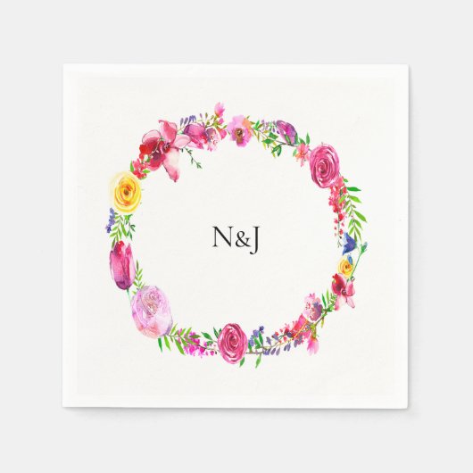 ピンクパープルグリーン春の花フローラ モダン スタンダードカクテルナプキン (正面)