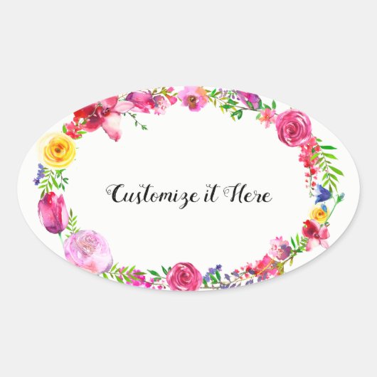ピンクパープルグリーン春の花フローラ モダン 楕円形シール (正面)