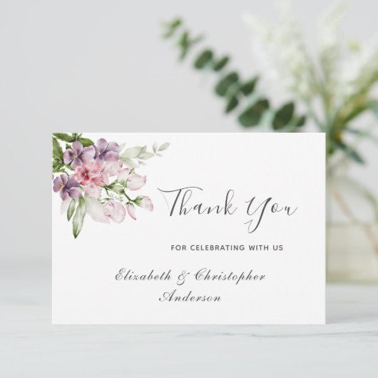 ピンクパープルグリーン結婚フローラサンキューカード サンキューカード (スタンド正面)