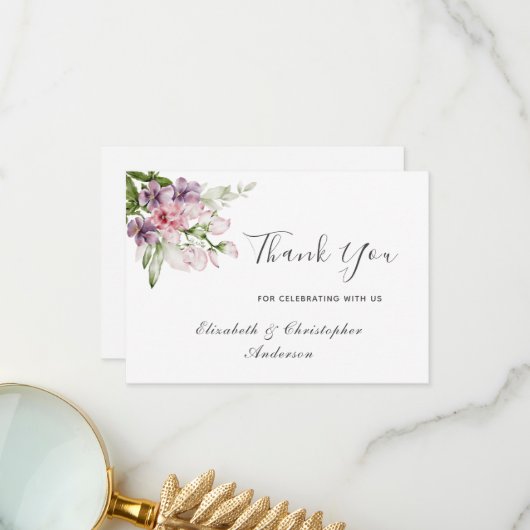 ピンクパープルグリーン結婚フローラサンキューカード サンキューカード (正面/裏面インサイチュ)