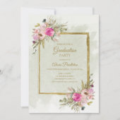 ピンクパープルグリーン葉金ゴールド卒業パーティー 招待状 (正面)