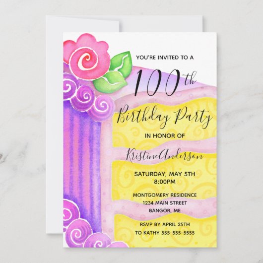 ピンクパープルケーキフローラ100th誕生日パーティー 招待状 (正面)