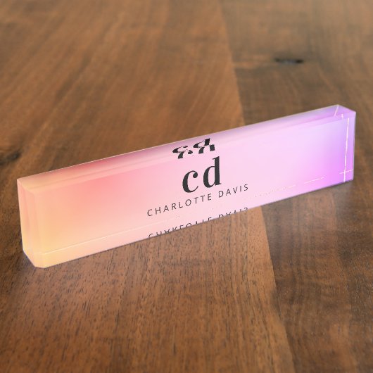 ピンクパープルゴールデンモノグラム名ミニマル主義者 デスクネームプレート (側面)