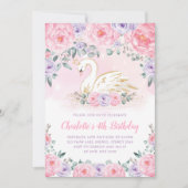 ピンクパープルゴールド スワン プリンセス 誕生日パーティー 招待状 (正面)