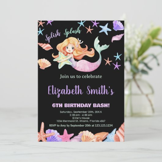 ピンクパープルザシーマーメイド誕生日 招待状 (スタンド正面)