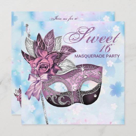 ピンクパープルスウィート16マスカレードパーティー 招待状 (正面/裏面)