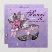 ピンクパープルスウィート16マスカレードパーティー 招待状 (正面/裏面)