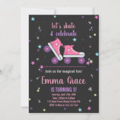 ピンクパープルスケートで滑る誕生日招待状 招待状 (正面)