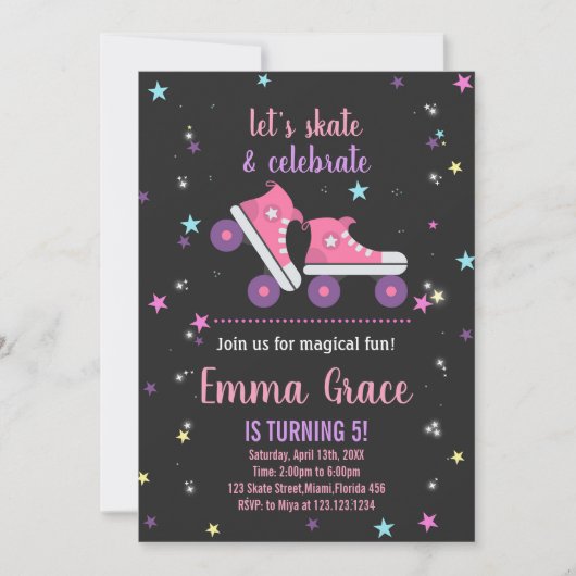 ピンクパープルスケートで滑る誕生日招待状 招待状 (正面)