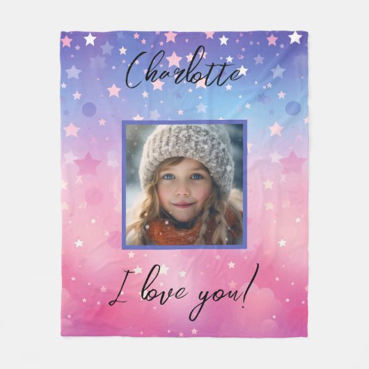 ピンクパープルスターカスタムズの写真と名前引用文の少女 フリースブランケット (正面)