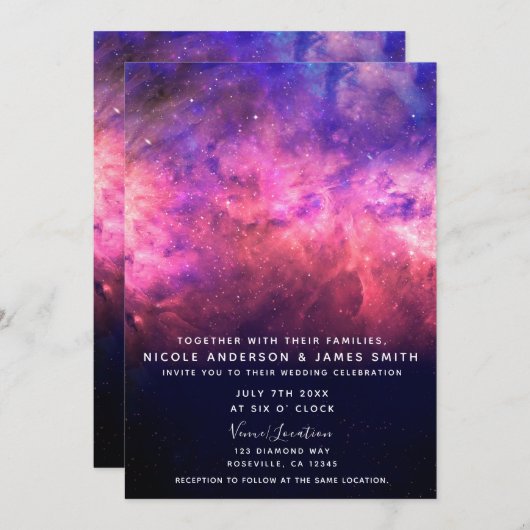 ピンクパープルスターリースカイコズミック銀河系スカイ結婚ズ 招待状 (正面/裏面)