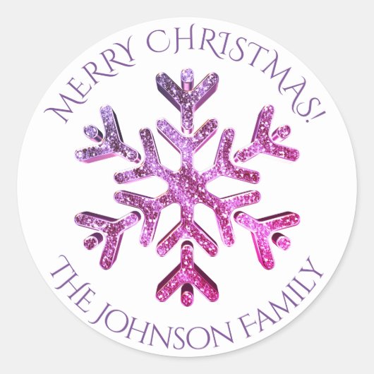 ピンクパープルスノーフレークエレガントクモダンリスマス ラウンドシール (正面)