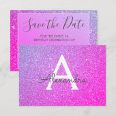 ピンクパープルスパークルグリッタースウィート16日を保存 セーブザデート (正面/裏面)