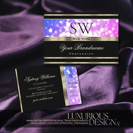 ピンクパープルスパークルグリッターモノグラムブラック金ゴールド 名刺