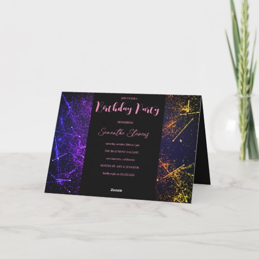 ピンクパープルスパークルスネイビーブルーフォト誕生日 招待状 (裏面)