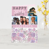 ピンクパープルセージフローラ水彩写真誕生日 カード (黄色い花)