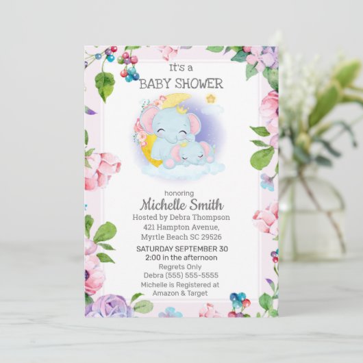 ピンクパープルゾウフローラママ赤ちゃんシャワー 招待状 (スタンド正面)