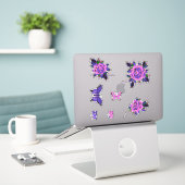ピンクパープルタトゥーバラスカル蝶 シール (デスク上のノートパソコン)