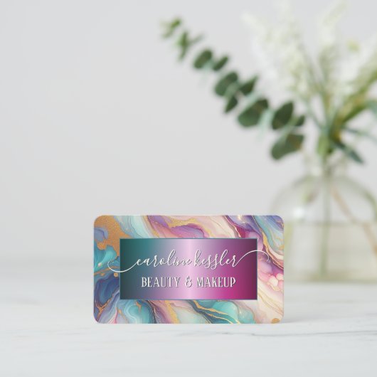 ピンクパープルターコイズティール(緑がかった色)ブルー金ゴールドマーブル 名刺 (スタンド正面)