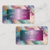 ピンクパープルターコイズティール（緑がかった色）ブルー金ゴールドマーブル 名刺 (正面/裏面)