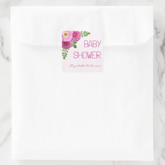 ピンクパープルダリアガールベビーシャワー スクエアシール (バッグ)