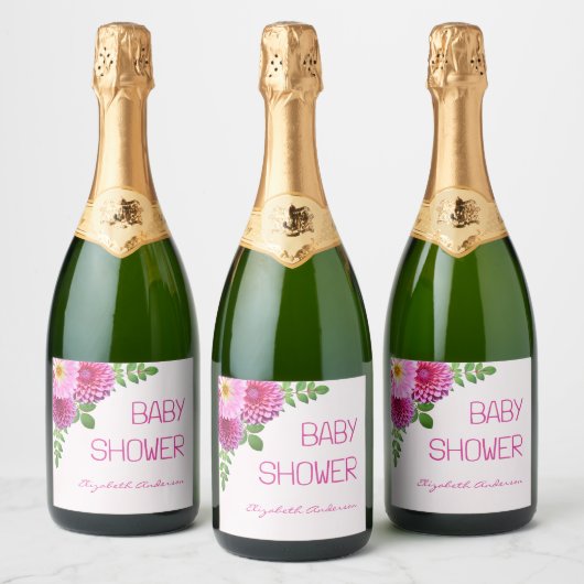 ピンクパープルダリアガールベビーシャワー スパークリングワインラベル (ボトル)
