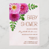 ピンクパープルダリアガールベビーシャワー 箔招待状 (正面)