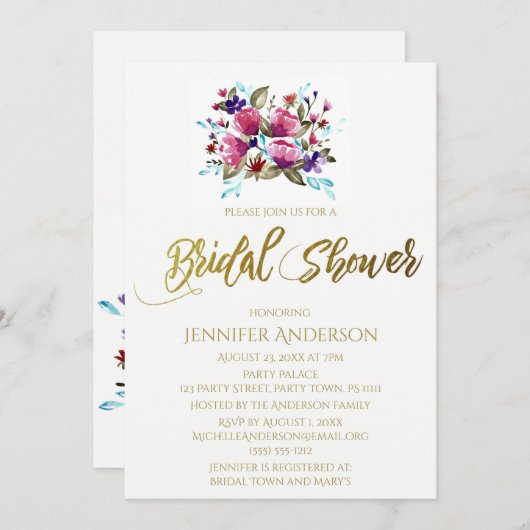 ピンクパープルチューリップフローラブーケブライダルシャワー 招待状 (正面/裏面)