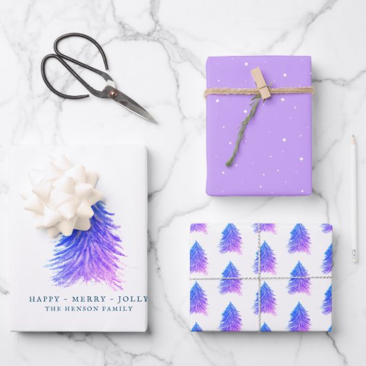 ピンクパープルツリーズウォーターカラークリスマスホリデー ラッピングペーパーシート (正面)