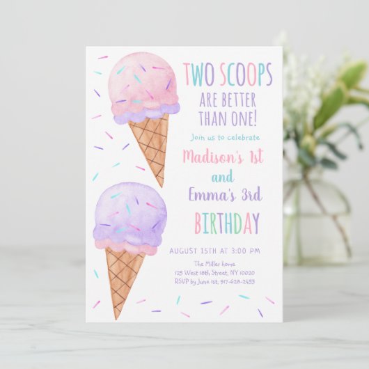ピンクパープルツースクオプスアイスクリームジョイント誕生日 招待状 (スタンド正面)