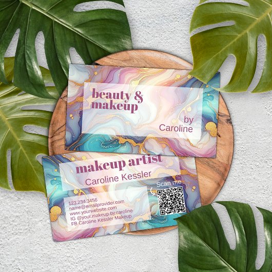 ピンクパープルティール(緑がかった色)アクアブルー金ゴールド大理石アートパターン 名刺