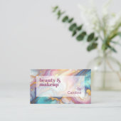 ピンクパープルティール(緑がかった色)アクアブルー金ゴールド大理石アートパターン 名刺 (スタンド正面)