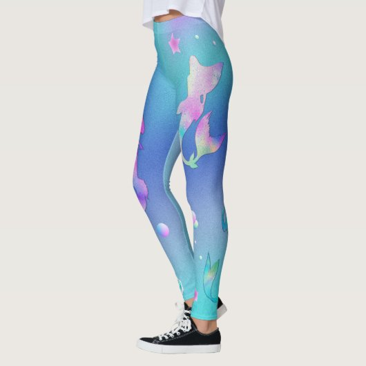 ピンクパープルティール（緑がかった色）シー海メルメイドモノグラムガール レギンス (左)