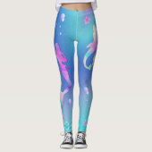 ピンクパープルティール（緑がかった色）シー海メルメイドモノグラムガール レギンス (正面)