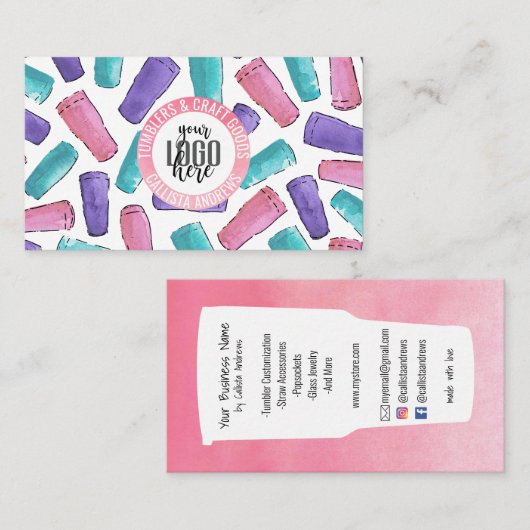 ピンクパープルティール（緑がかった色）タンブラー水色クレフターロゴ 名刺 (正面/裏面)