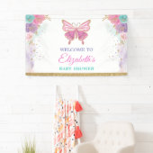 ピンクパープルティール（緑がかった色）バタフライガールズ誕生日へようこそ 横断幕