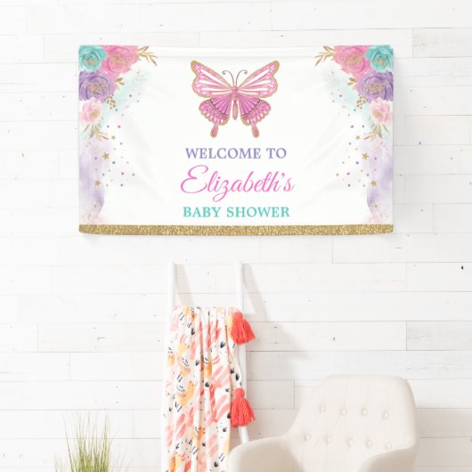 ピンクパープルティール（緑がかった色）バタフライガールズ誕生日へようこそ 横断幕 (インサイチュ)
