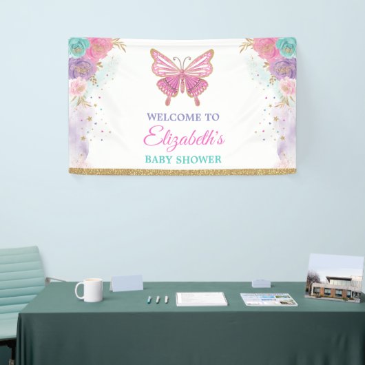 ピンクパープルティール（緑がかった色）バタフライガールズ誕生日へようこそ 横断幕 (トレードショー)