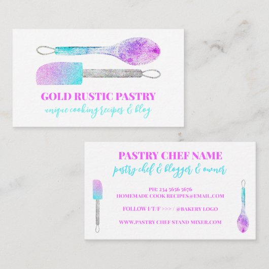 ピンクパープルティール(緑がかった色)ペストリーフローラグリッタースプーンシェフ 名刺 (正面/裏面)