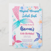 ピンクパープルティール(緑がかった色)マーメイドスプラッシュ誕生日パーティー 招待状 (正面)