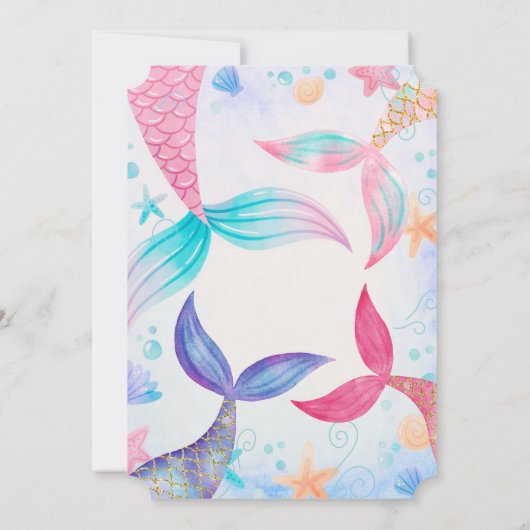 ピンクパープルティール(緑がかった色)マーメイドスプラッシュ誕生日パーティー 招待状 (裏面)