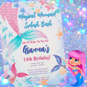 ピンクパープルティール(緑がかった色)マーメイドスプラッシュ誕生日パーティー 招待状